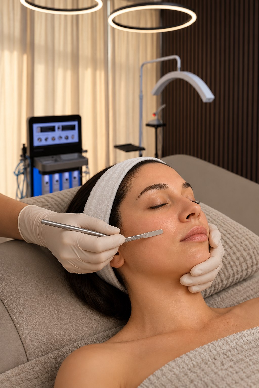 Dermaplaning-Behandlung an der Wange mit behandschuhten Händen