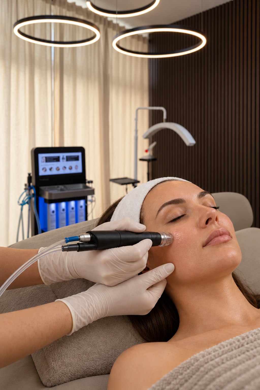 Hydrafacial-Behandlung mit Vortex-Handstück und behandschuhten Händen