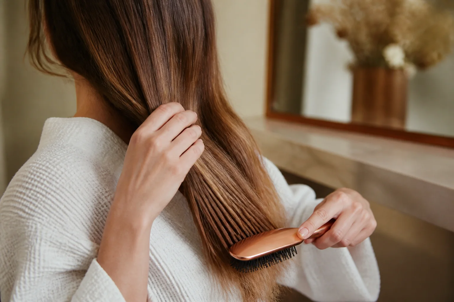 Schonendes Bürsten langer Invisible-Weft-Extensions von den Spitzen aufwärts