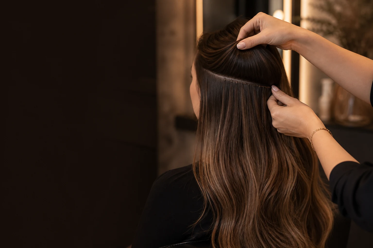 Stylistin zeigt eine fein eingearbeitete Invisible-Weft-Tresse unter langem braunem Haar