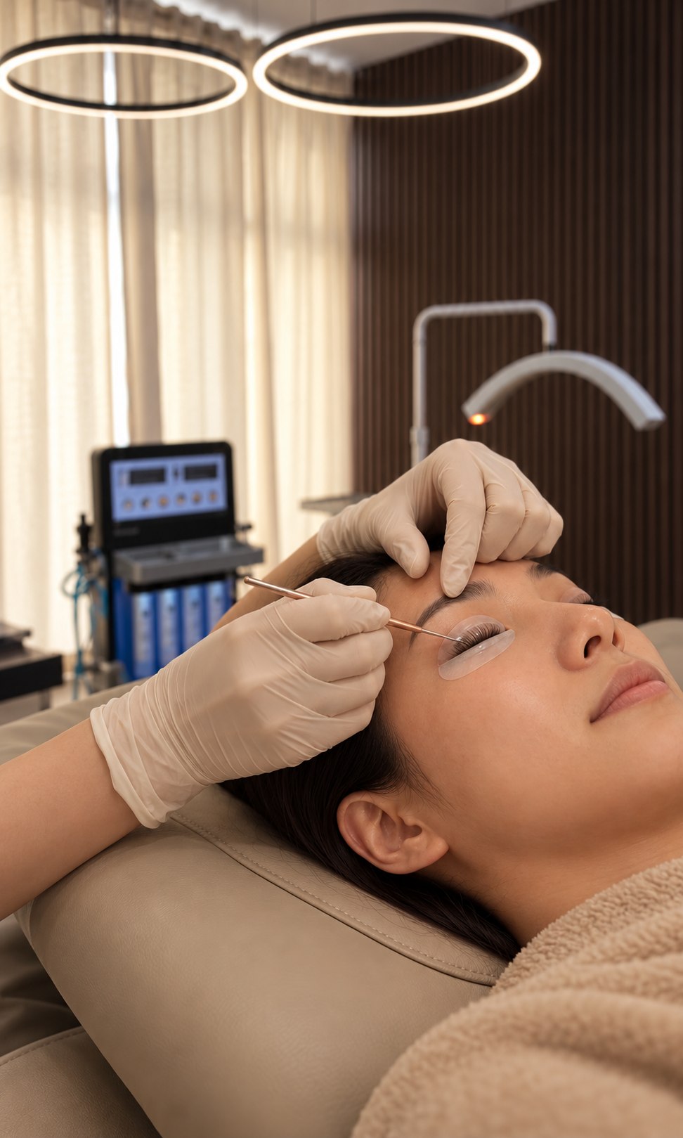 Durchführung eines Lashlifts mit behandschuhten Händen