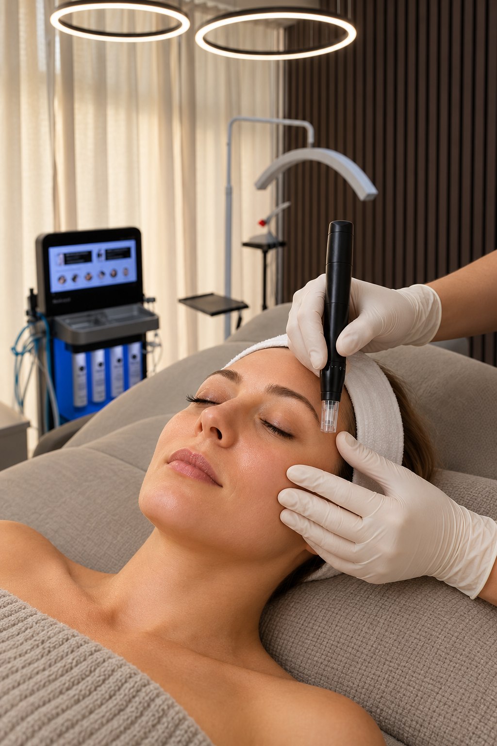 Microneedling-Behandlung mit kosmetischem Needling-Pen und behandschuhten Händen