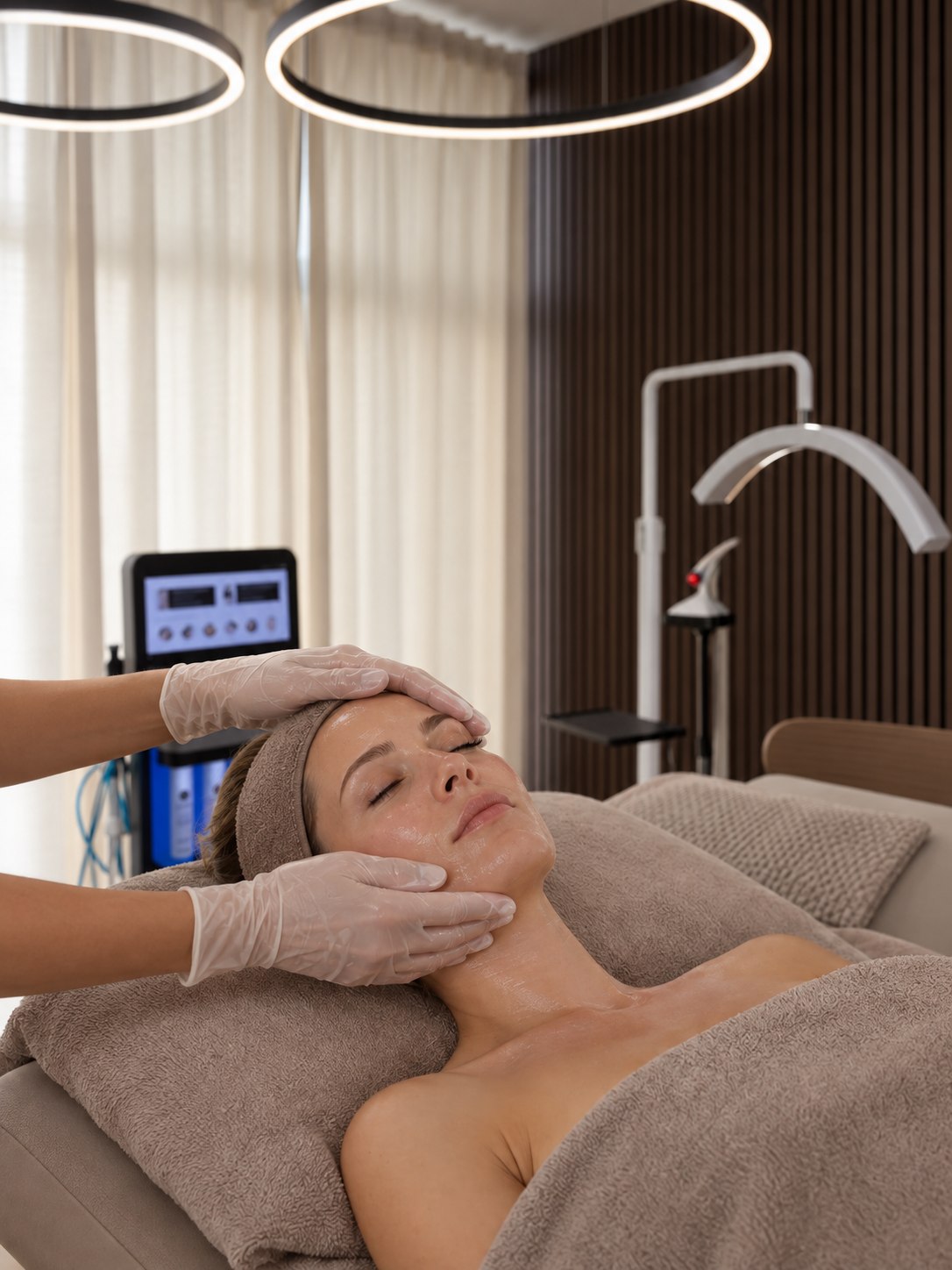 Professionelle Gesichtsbehandlung mit behandschuhten Händen im Salon